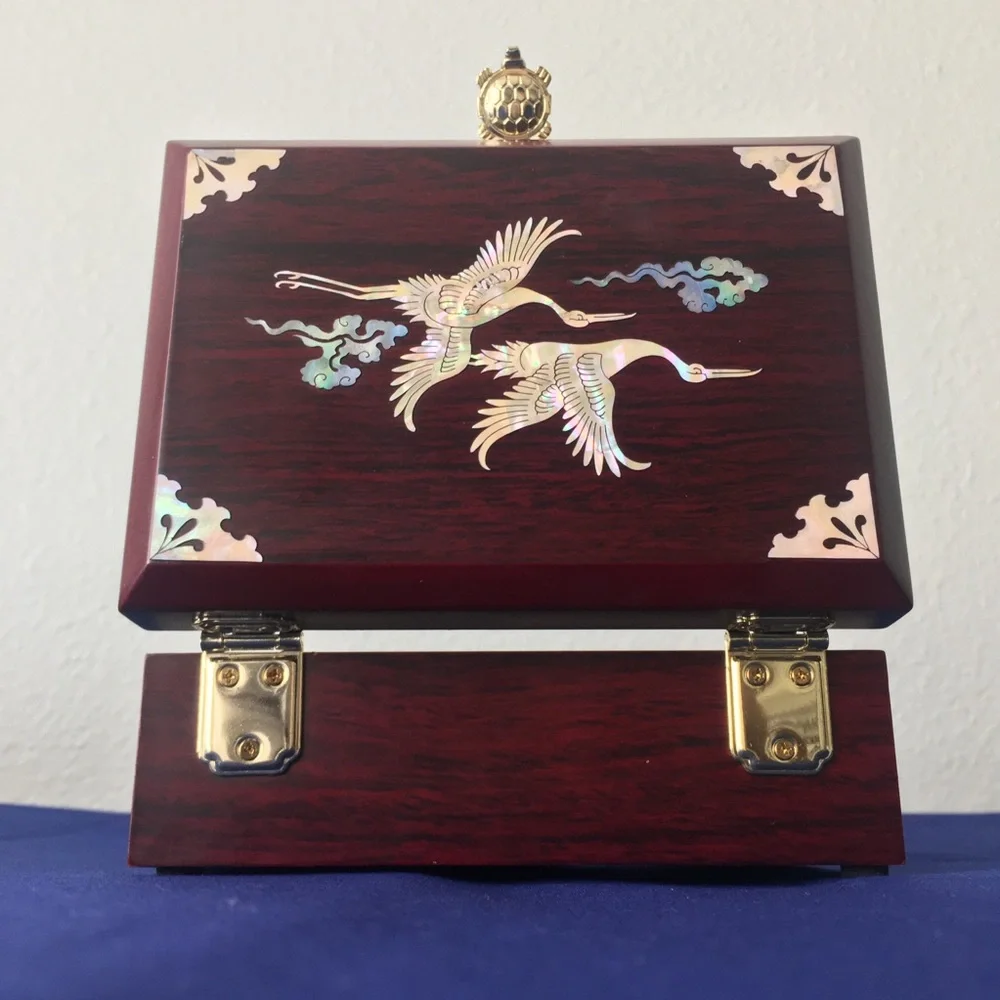 Mother of Pearl Lacquered Wood Crane Jewelry Box